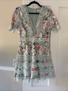 Just Me Mint Floral Lace-Trim Mini Dress with Pink & Green Accents NWOT